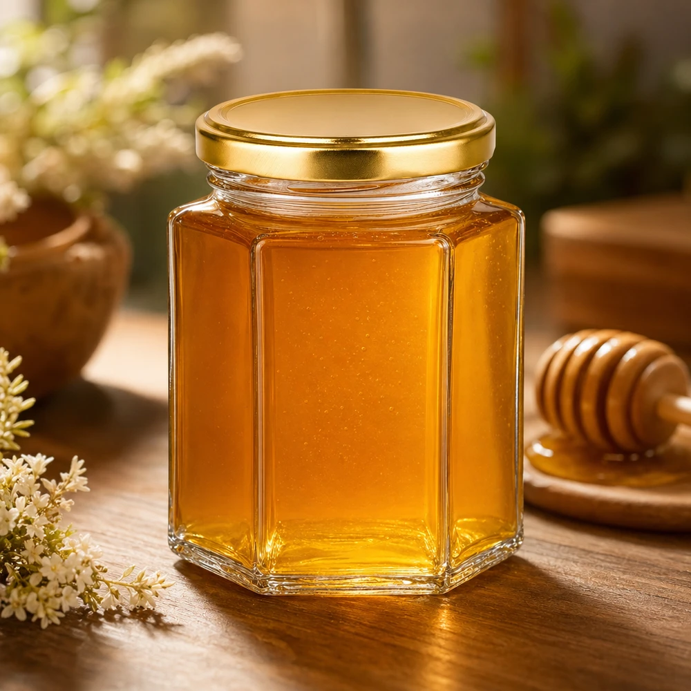 Pot à miel 250 g avec couvercle doré BasicSeal UNiTWIST 250g pot de miel hexagonal BasicSeal couvercle doré rempli de miel à côté de la cuillère à miel sur table en bois produit naturel