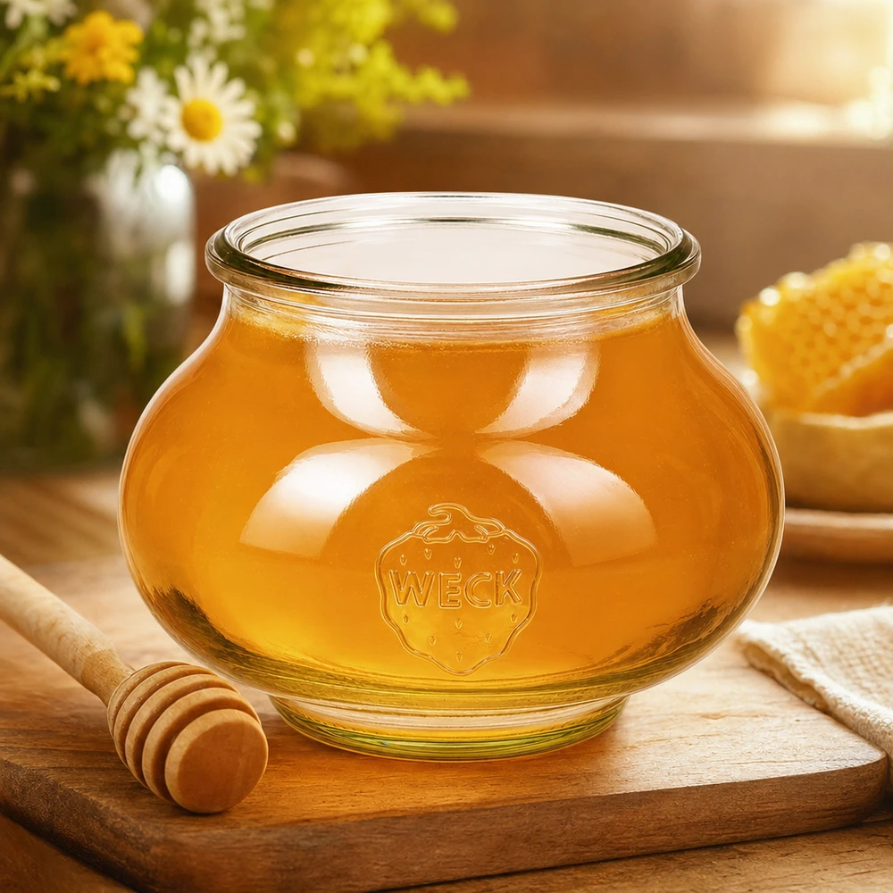 WECK Pot à bijoux 560ml RR80 rempli de miel doré, cuillère à miel et nid d'abeille sur planche en bois