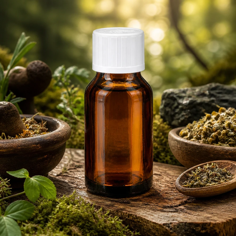 Flacon à pharmacie brun 30ml bouchon compte-gouttes blanc sécurité enfant std Flacon compte-gouttes de pharmacie de 30 ml en verre ambré avec un insert de 1,2 mm, posé sur de la mousse et du bois naturel dans une ambiance forestière
