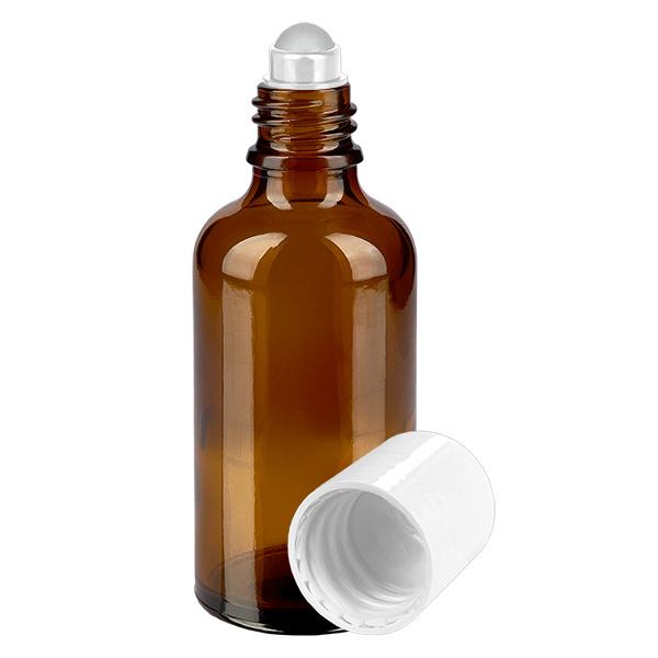 Flacon de pharmacie brun 50ml Roll-On bouchon blanc