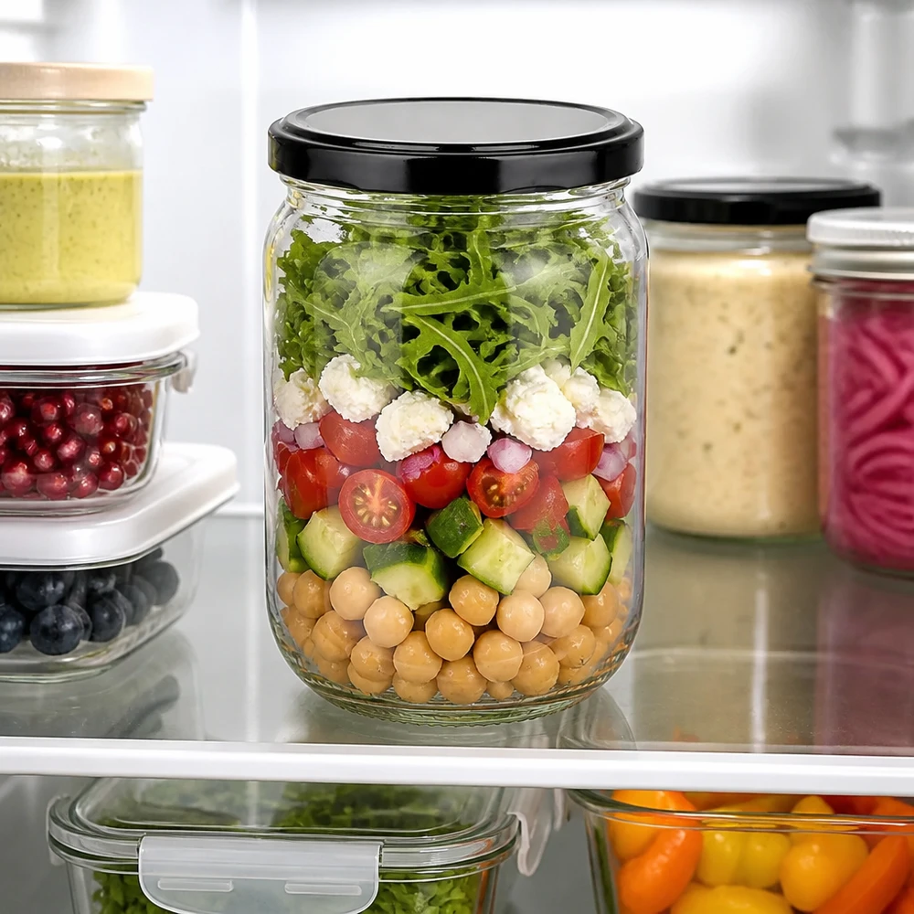 Bocal rond en verre de 555 ml + couvercle BasicSeal noir UNiTWIST Bocal en verre 555 ml, forme ronde, couvercle noir à visser, pour salades fraîches et légumes