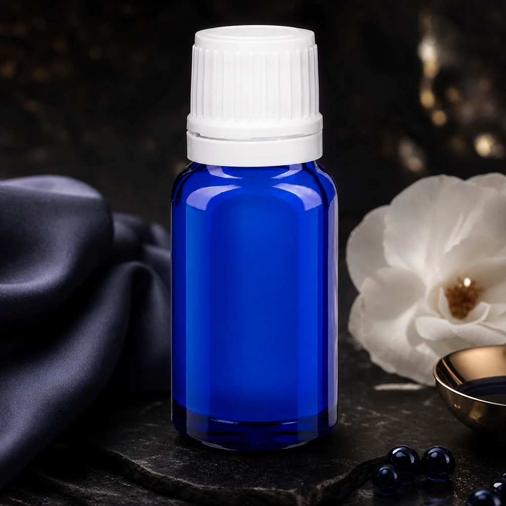 Flacon de pharmacie bleu 10ml bouchon vissable blanc bouchon d'inviolabilité Flacon de pharmacie 10 ml, bleu cobalt, protection anti-UV, bouchon d'inviolabilité blanc, filetage de 11 mm