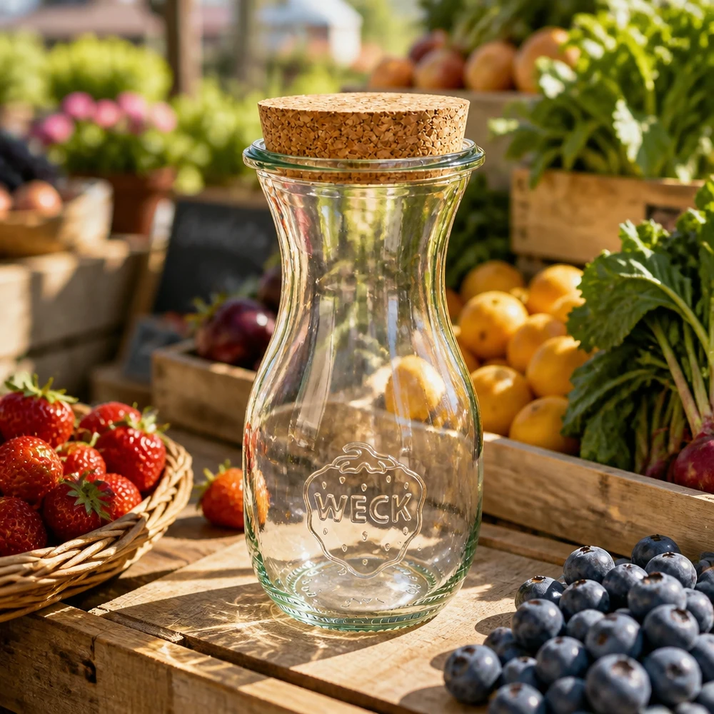 Bouteille de jus WECK 290ml RR60 avec bouchon naturel sur une table en bois entre des myrtilles et des fraises fraîches Stand de marché