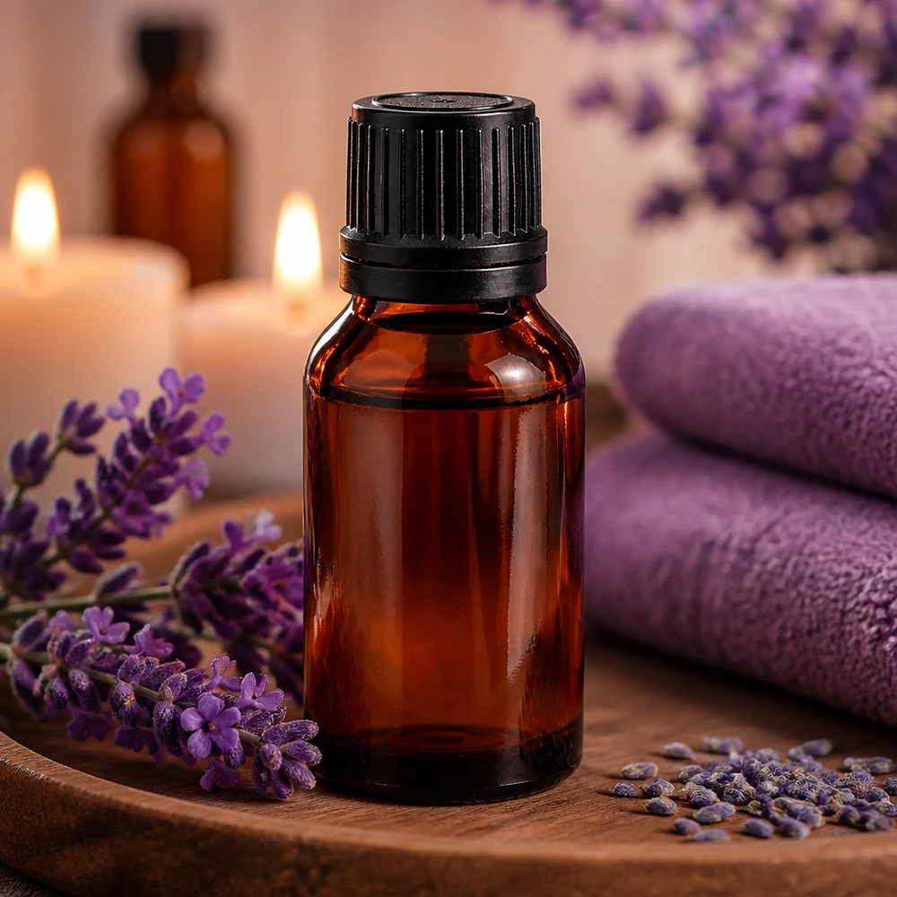 Flacon de pharmacie brun 15ml bouchon compte-gouttes 1mm noir bouchon inviolabilité Flacon en verre ambré de 15 ml muni d'un bouchon compte-gouttes noir, entouré de fleurs de lavande, posé sur un plateau en bois