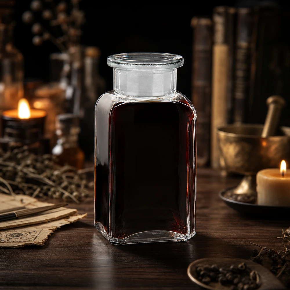Flacon carré col large 100 ml + bouchon RIN, verre clair Flacon en verre carré de 100 ml avec bouchon, idéal pour les huiles essentielles et la médecine naturelle