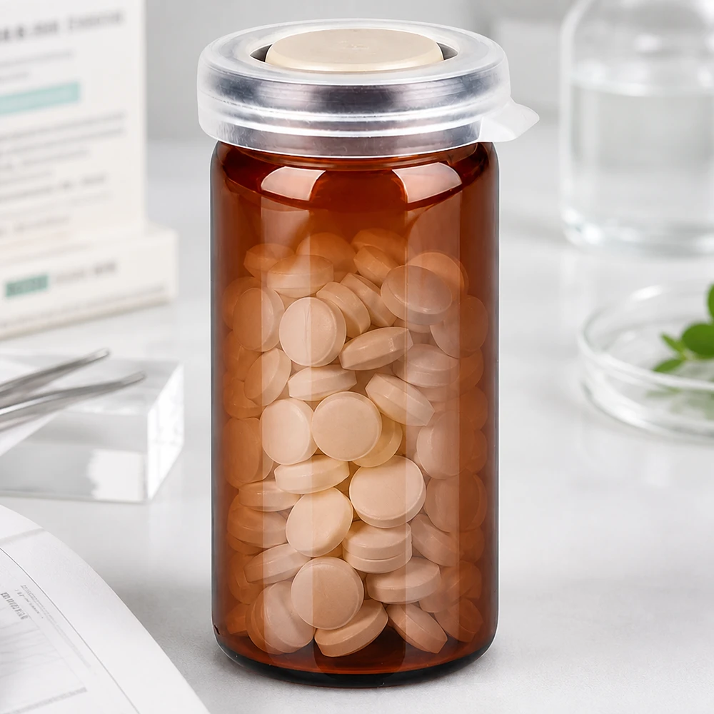 Pot à comprimés 10 ml ambré, avec bouchon à déclic Flacon de médicaments de 10 ml en verre brun avec protection UV et bouchon à encliqueter en plastique, destiné à un usage pharmaceutique