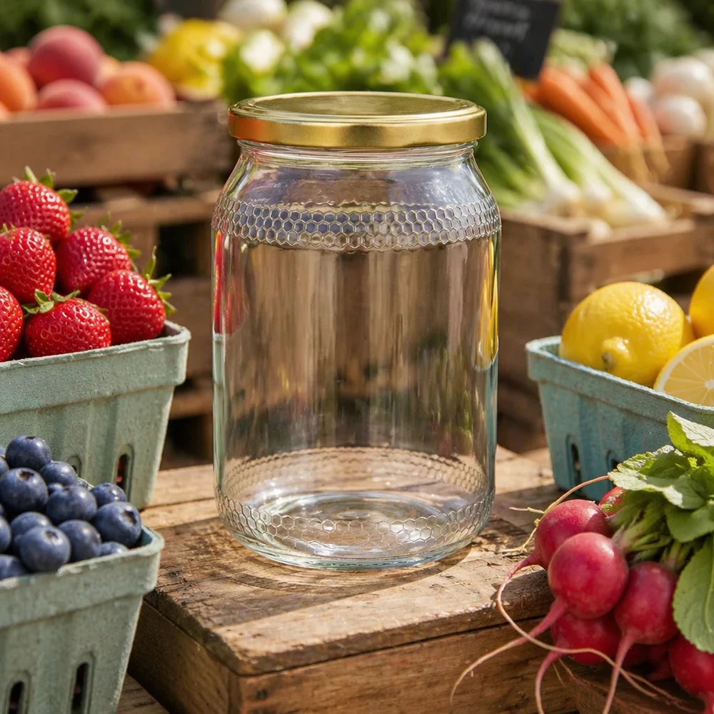 Pot à miel de 900ml vide avec couvercle BasicSeal or entre les fruits et légumes frais - pot de stockage polyvalent