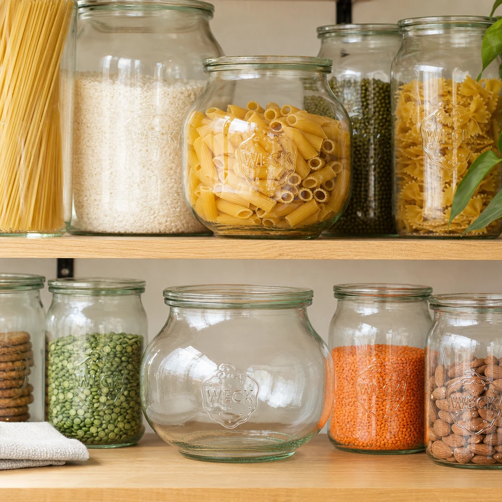 WECK Bocal à bijoux 1062ml avec couvercle en verre stocké dans un garde-manger organisé avec des pâtes du riz et des légumineuses