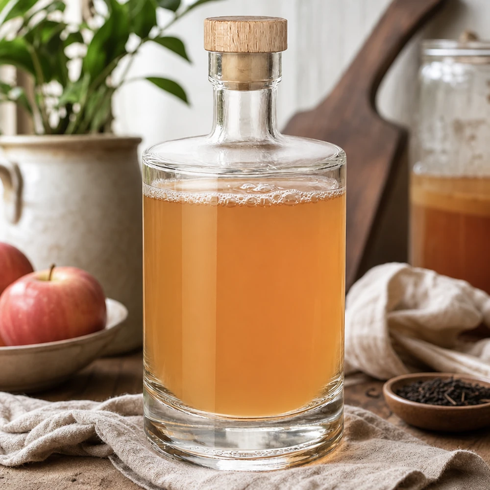 Bouteille en verre 500 ml « 500ml Glasflasche "Marie" mit Holzgriff-Korken UNiTWIST » avec bouchon en bois UNiTWIST® Bouteille en verre Marie de 500ml remplie de liqueur de pomme - bouchon en bois UNiTWIST - Nature morte de cuisine avec pommes et épices