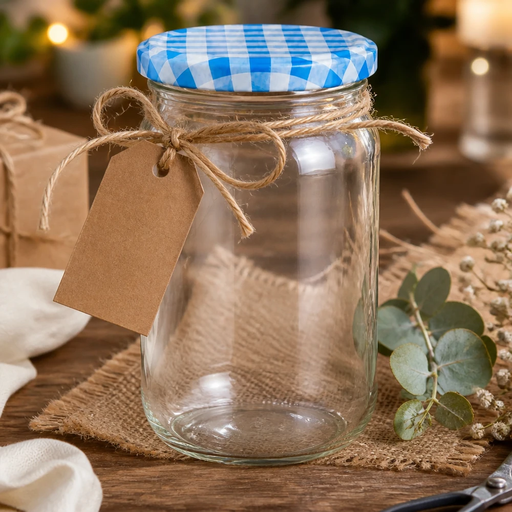 1062ml Verre rond avec couvercle BasicSeal bleu/blanc UNiTWIST 1062ml verre rond vide avec étiquette cadeau et ficelle de jute, BasicSeal couvercle bleu-blanc, présentation décorative