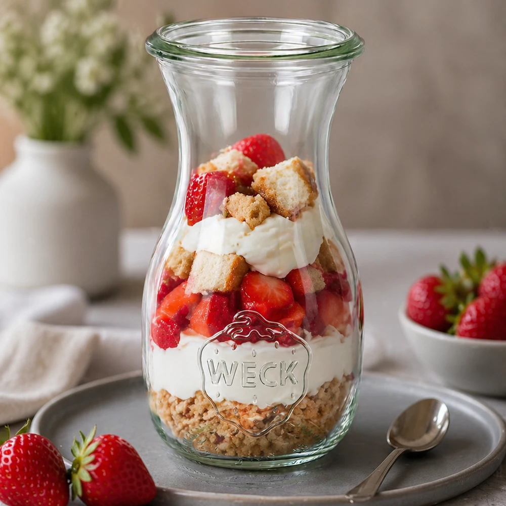 WECK Bouteille de jus 290ml RR60 comme verre à dessert rempli de fraises à la crème et de biscuits décorés sur une assiette grise