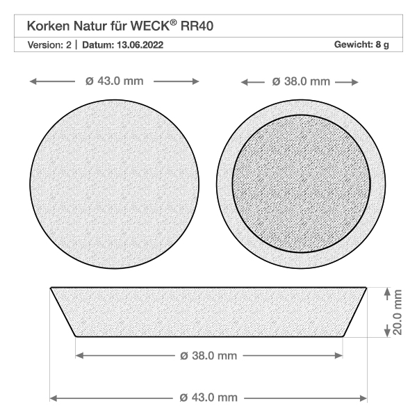 Bouchon pour ouverture 40mm WECK RR40 (ø38/43, H=20mm) Dessin technique du bouchon WECK RR40 avec dimensions 38mm 43mm diamètre 20mm hauteur bouchon en liège naturel