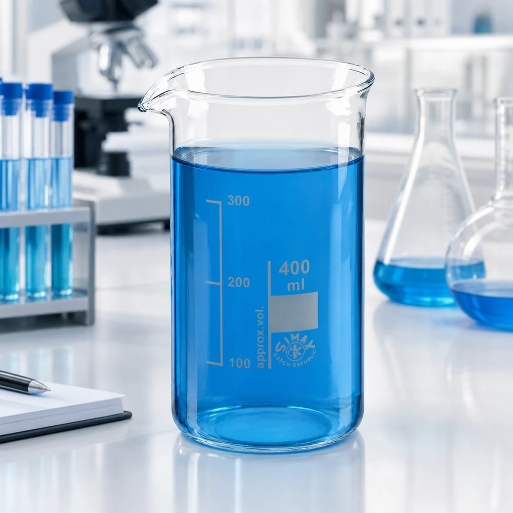 Bécher 400ml en verre borosilicate résistant à la chaleur (forme haute) Verre à bec haut de 400 ml en verre borosilicaté, à côté de fioles Erlenmeyer et de tubes à essai dans un laboratoire