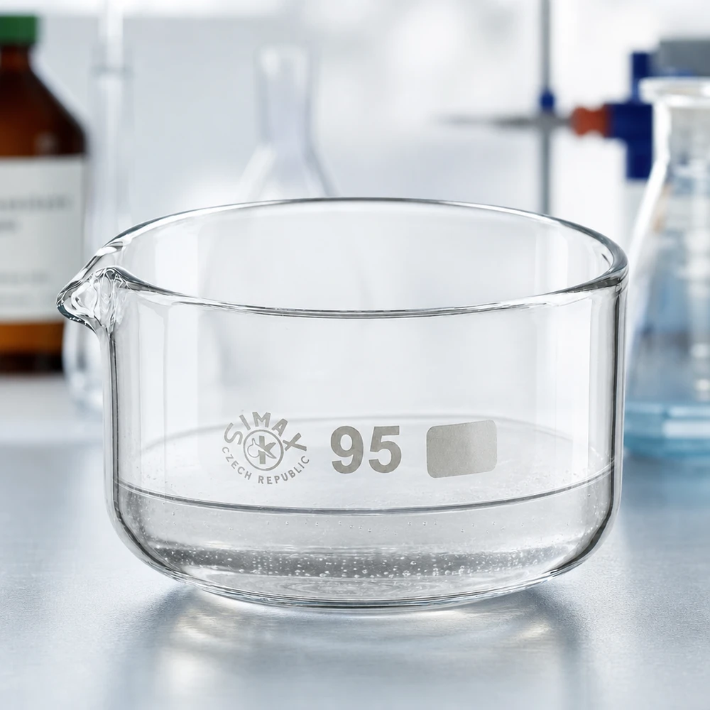 Coupelle de cristallisation 300 ml avec bec verseur Coupelle de laboratoire ronde et plate de 300 ml en verre transparent, avec bec verseur, diamètre de la base : 95 mm, résistante à la chaleur
