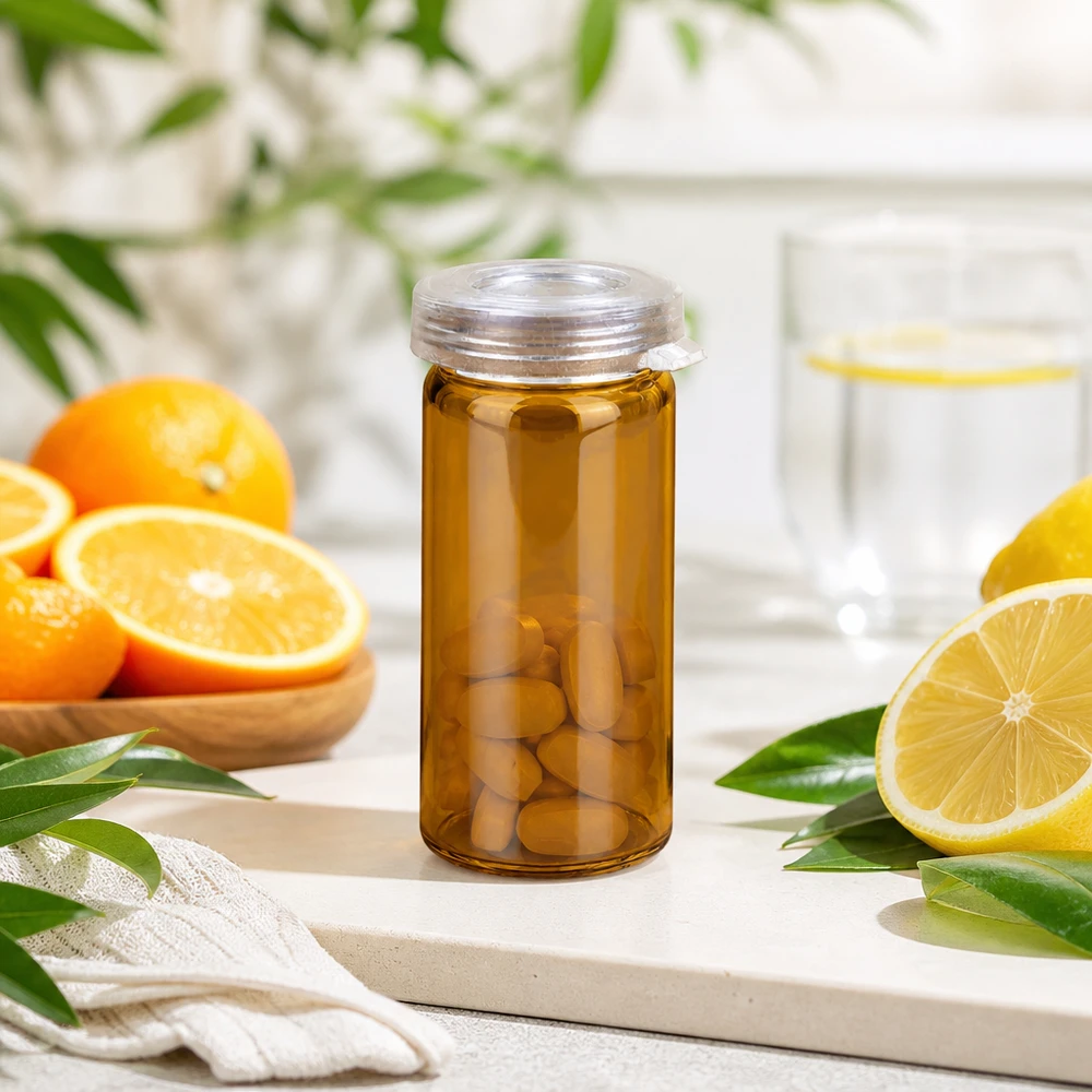 Flacon transparent pour comprimés de 5 ml avec protection anti-UV et bouchon en plastique, dans un environnement naturel