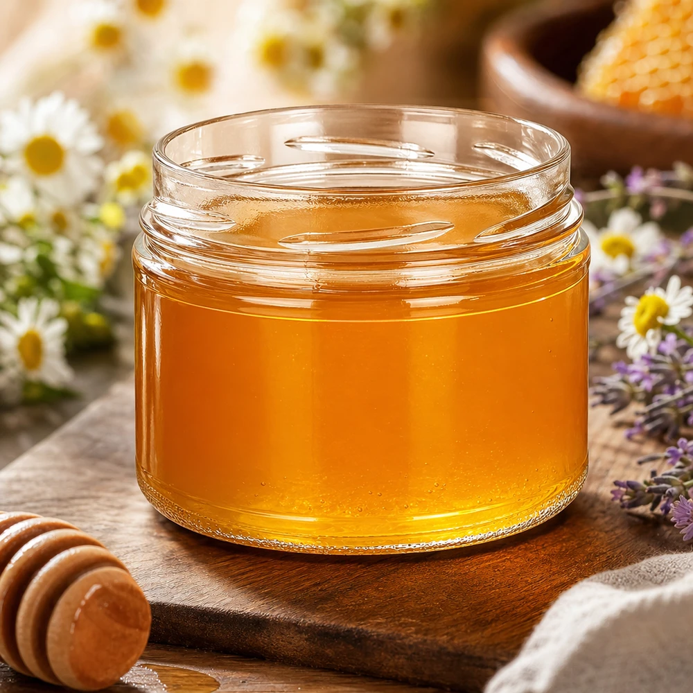 UNiTWIST Runda540 Verre renversé 540ml TO100 rempli de miel jaune doré Planche en bois Fleurs de camomille Cuillère à miel naturelle
