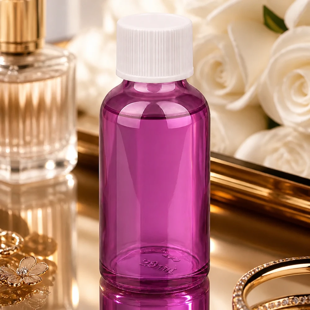 Bouteille 30ml 11mm bouchon à vis blanc standard PurpleLine UT18/30 Flacon en verre violet de 30ml avec protection UV et bouchon blanc pour les substances sensibles à la lumière