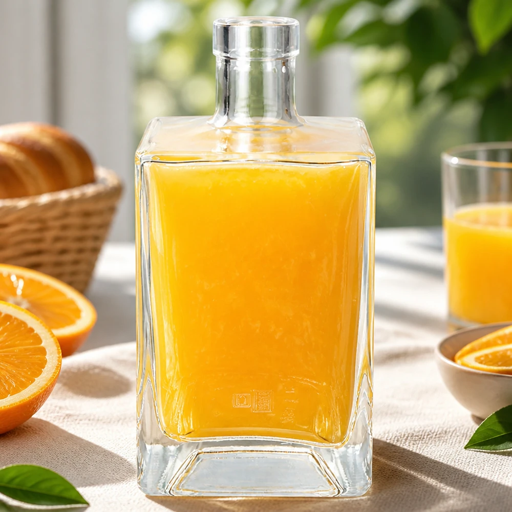 Bouteille en verre Ben de 700 ml remplie de jus d'orange sur une table de petit-déjeuner dressée avec des oranges fraîches et des pâtisseries