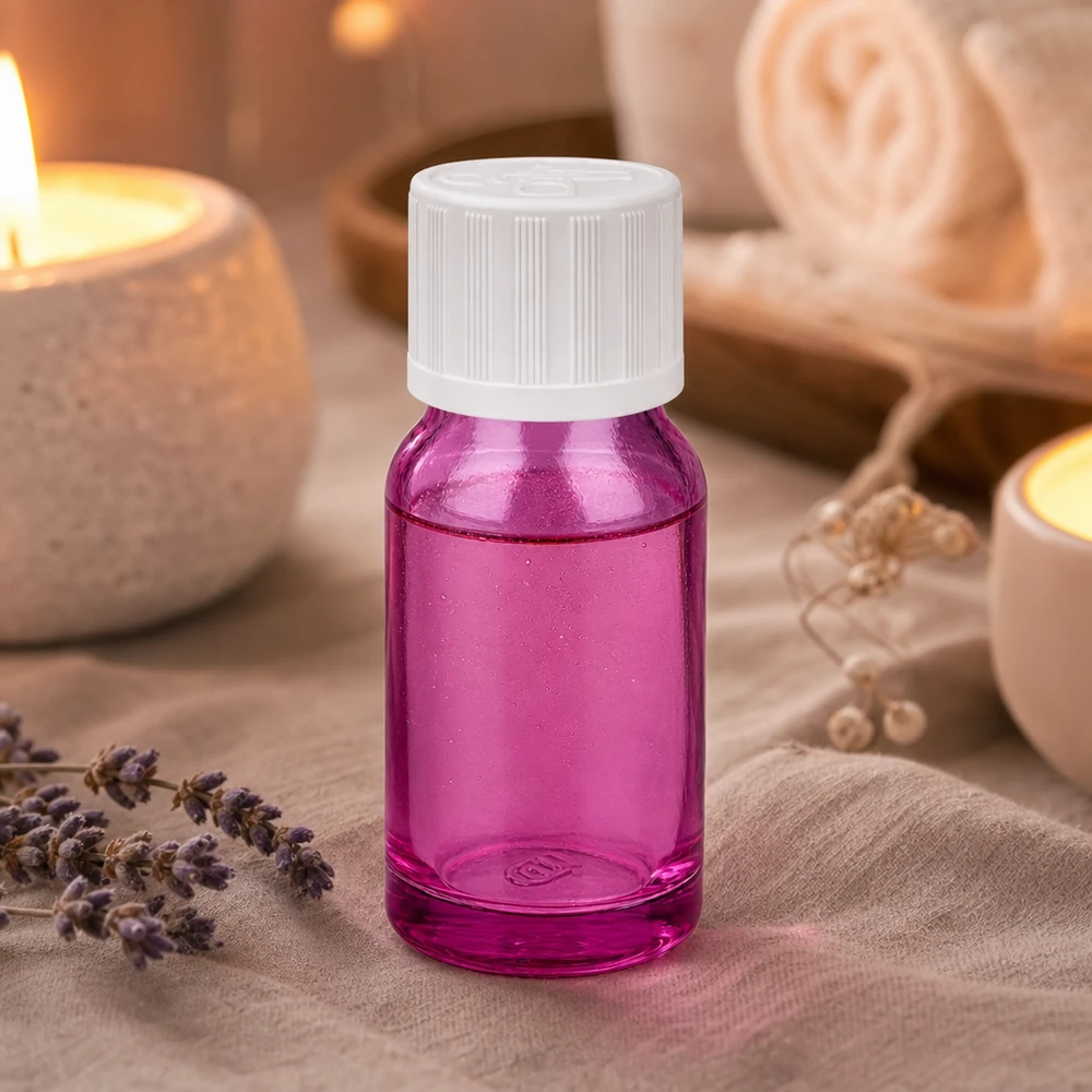Bouteille 10ml 11mm bouchon à vis blanc standard sécurité enfants PurpleLine UT18/10 Flacon aromatique maniable de 10 ml en violet pour l'utilisation mobile de parfums et d'huiles essentielles