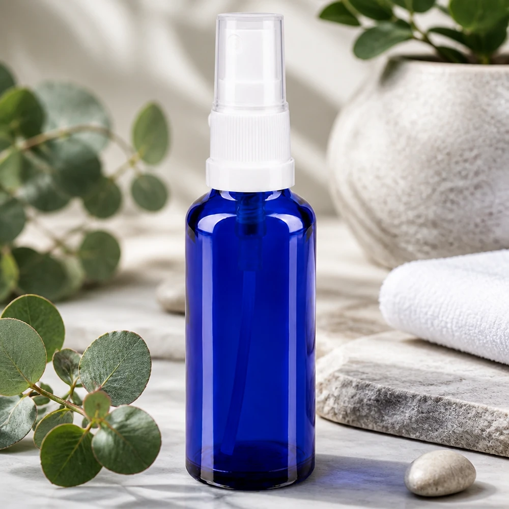 Flacon de pharmacie bleu cobalt de 10 ml muni d'un vaporisateur blanc, présenté dans un décor inspiré des spas