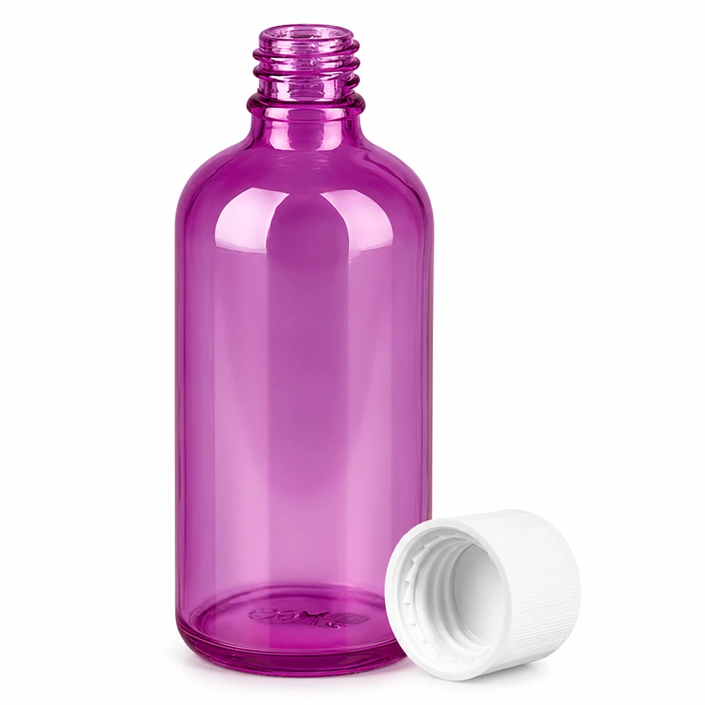 Flacon à col rond 100ml en plastique transparent violet avec système de fermeture standard