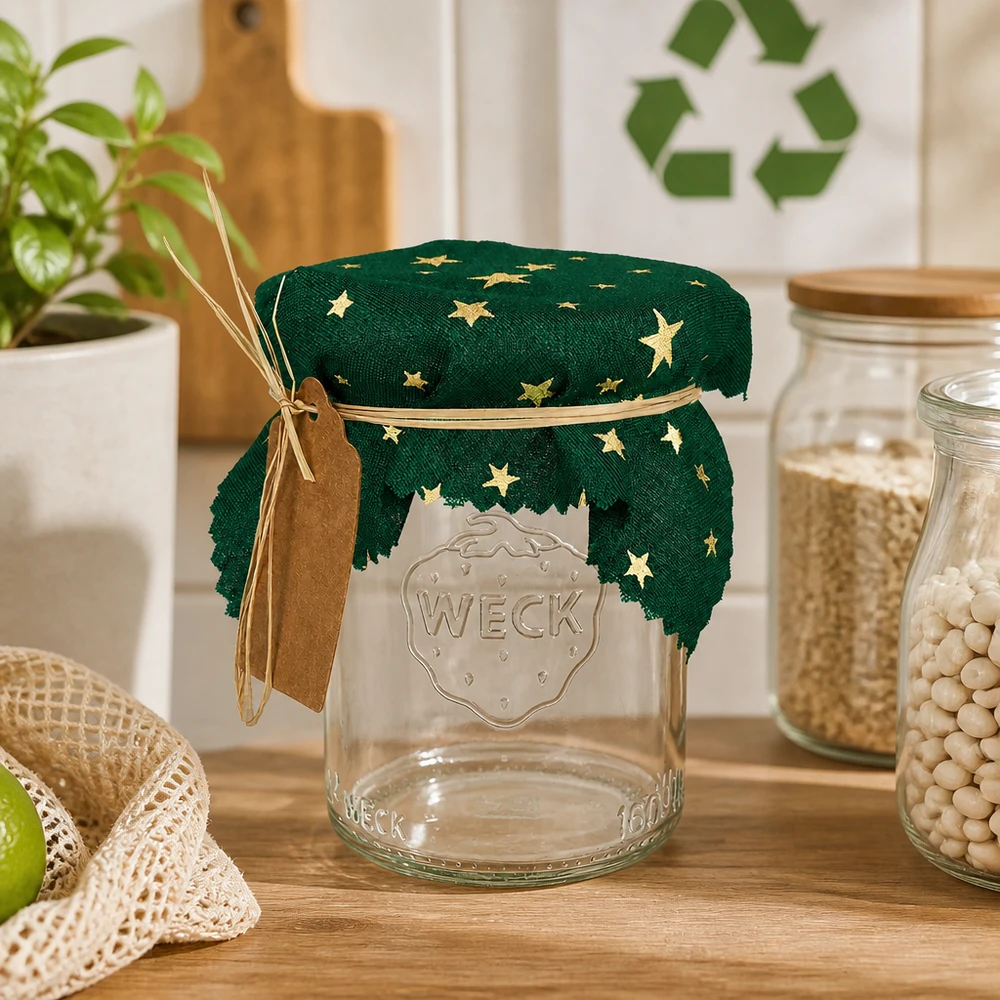 Couvercle en tissu étoiles vertes 120x120mm carré Cache-bijoux vert étoilé avec ruban de raphia et pendentif sur verre Weck dans cuisine durable 12cm carré