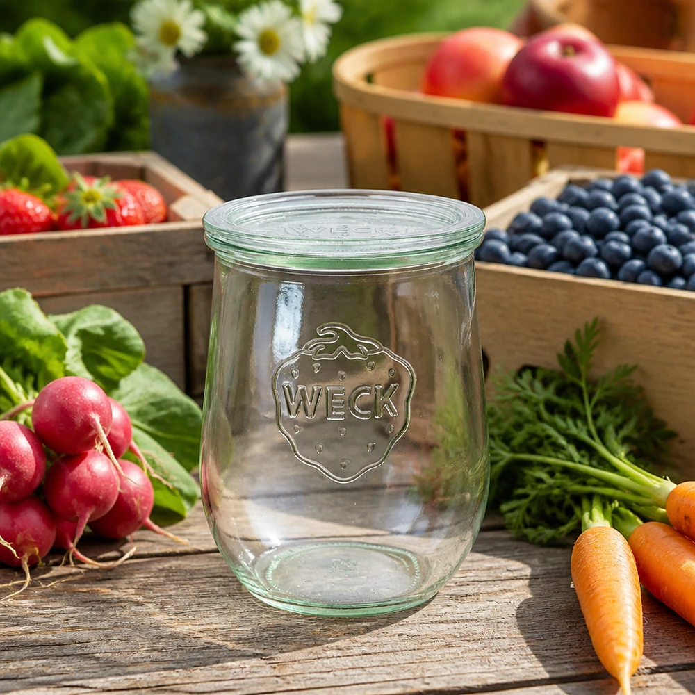 1062ml bocal tulipe avec bouchon en verre WECK RR100 WECK Pot tulipe 1062ml Couvercle en verre RR100 Conservation fruits frais légumes radis carottes myrtilles table en bois