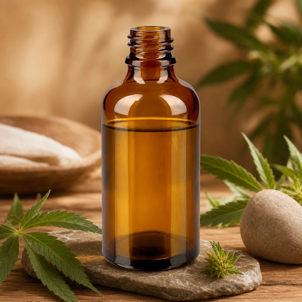 Flacon compte-gouttes pharmaceutique 50 ml DIN18 - verre brun Bouteille de pharmacie ApoGlas brune de 50 ml sur plaque de pierre avec feuilles de cannabis et produits naturels Ambiance spa