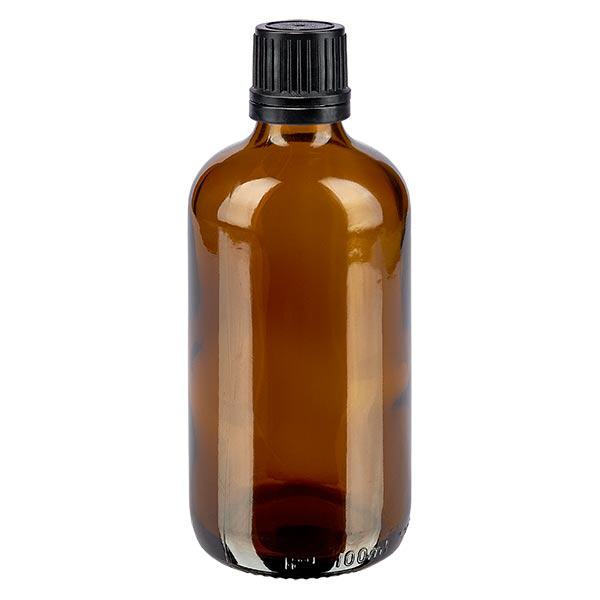 Flacon de pharmacie brun 100ml bouchon compte-gouttes 1mm noir bouchon d'inviolabilité Flacon de pharmacie brun 100ml bouchon compte-gouttes 1mm noir bouchon d'inviolabilité