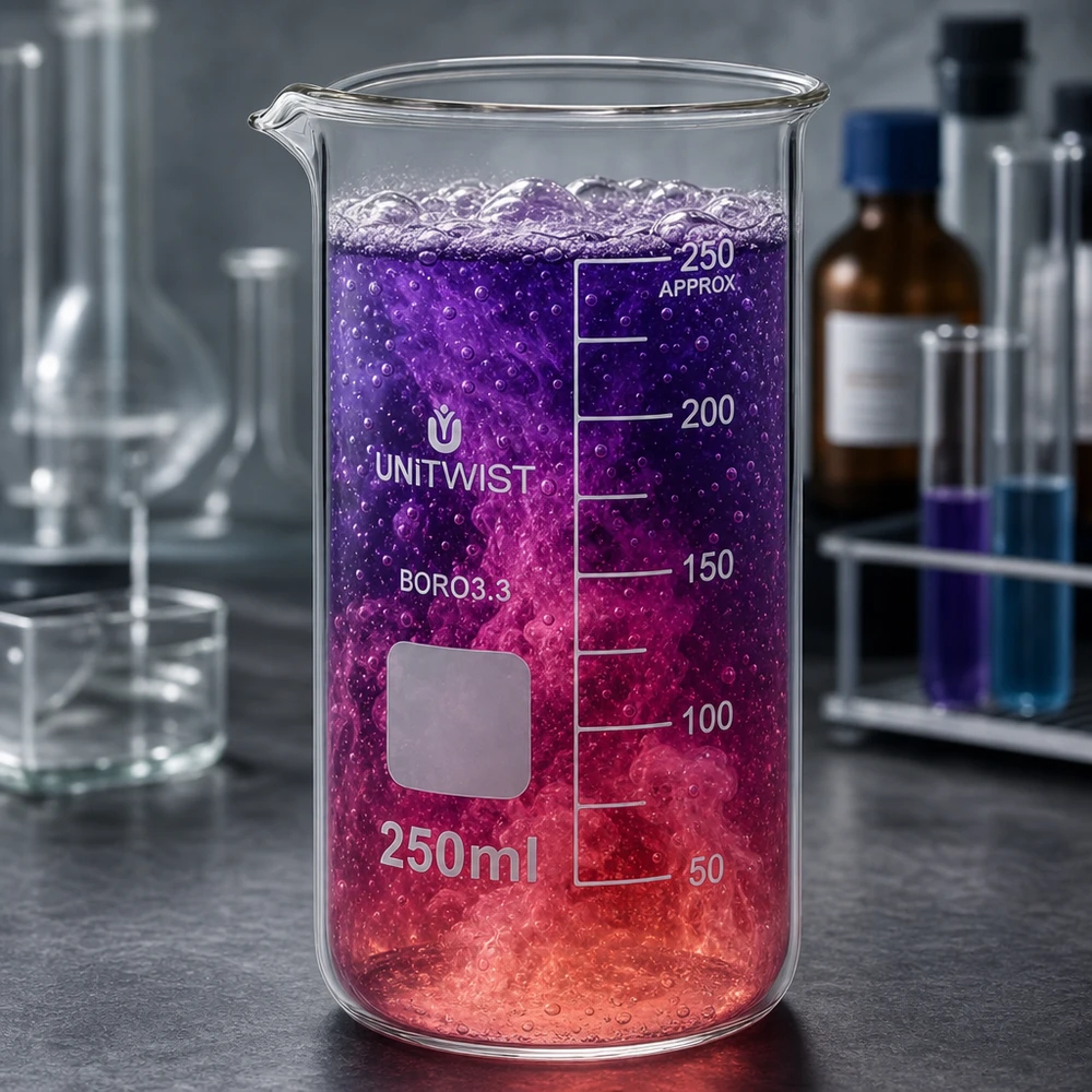 Bécher 250ml borosilicate, forme haute UNITWIST UNITWIST BORO3.3 : bécher en verre de 250 ml contenant un liquide violet réactif et une couronne de mousse