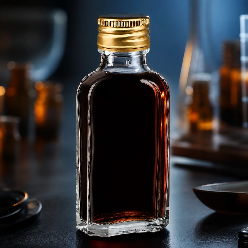 Flacon en verre transparent et plat de 50 ml « Meplat » avec bouchon doré PP22, destiné aux huiles aromatiques et aux extraits