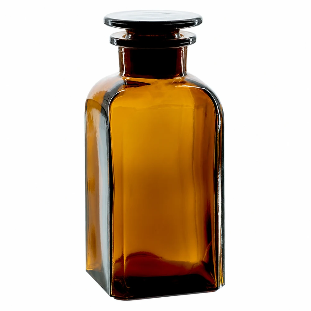 Flacon carré col large 350 ml + bouchon RIN, verre ambré Flacon carré en verre ambré de 350 ml, à col large, avec bouchon plat en verre, protection contre les UV, matériel de laboratoire