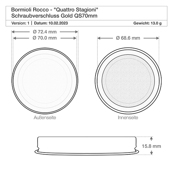 Verre rond 500ml « Quattro Stagioni » avec couvercle Dessin technique Quattro Stagioni 700ml Couvercle Dimensions 72,4mm Diamètre extérieur QS70 Bouchon à vis or Bormioli Roc
