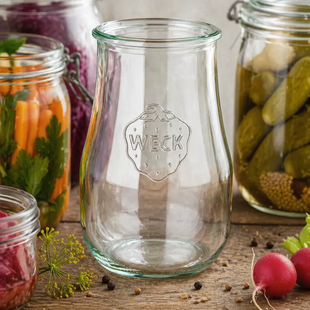 WECK Pot tulipe 1750ml RR100 en utilisation pour la mise en conserve et la fermentation avec des légumes et des épices sur un support en bois