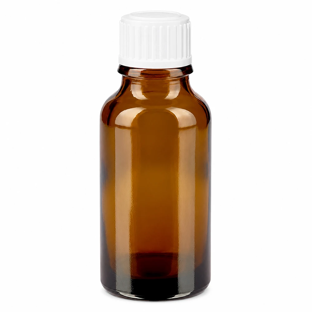 Flacon à pharmacie marron 20ml bouchon vissable blanc std Petite bouteille en verre marron de 20 ml avec bouchon de sécurité blanc pour enfants, destinée aux pharmacies