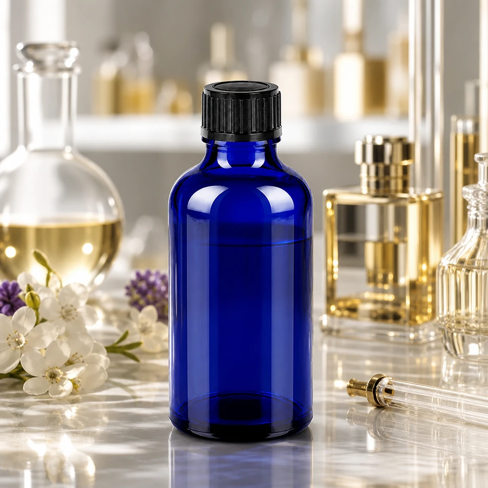 Flacon 50ml 11mm SV noir OV BlueLine UT18/50 Flacon en verre polyvalent de 50 ml bleu cobalt avec bouchon SV noir pour la cosmétique et la chimie