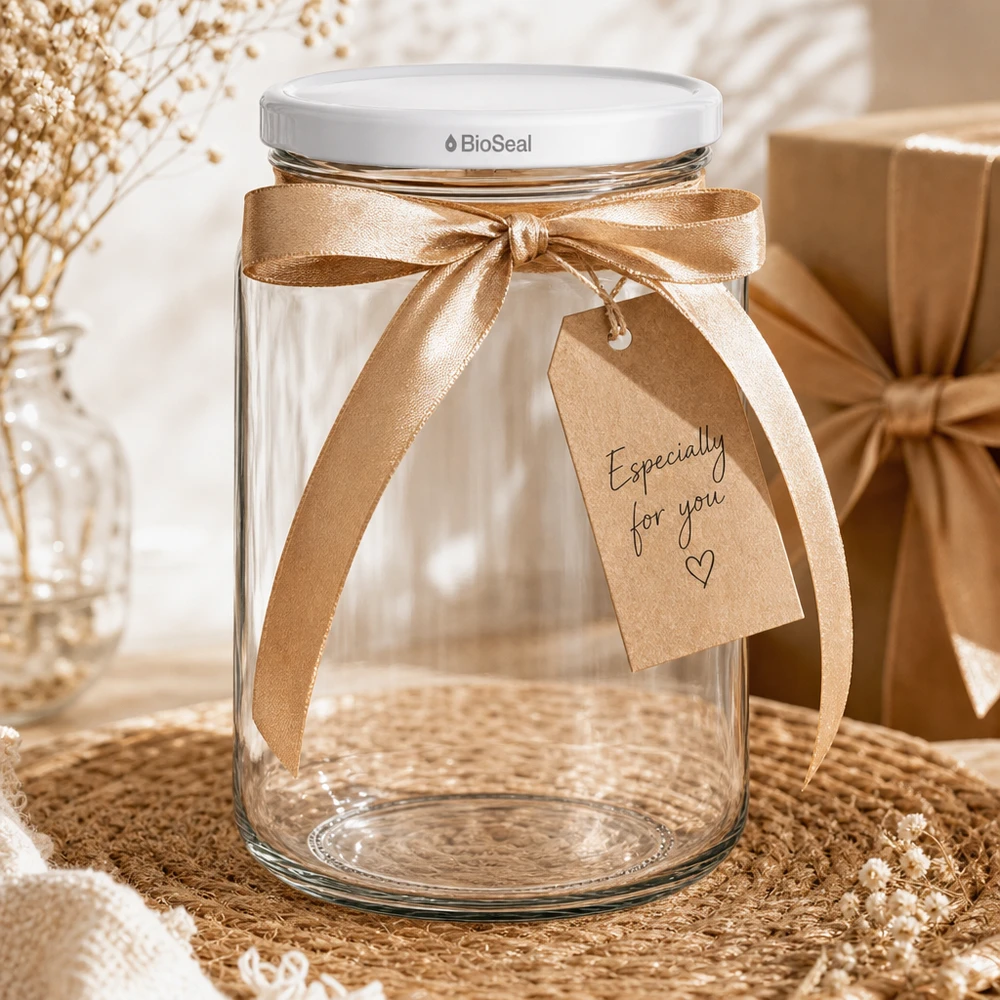 382ml Verre rond avec couvercle BioSeal blanc UNiTWIST UNiTWIST Runda382 Emballage cadeau avec ruban doré et pendentif - bocal décoratif avec BioSeal Dec blanc