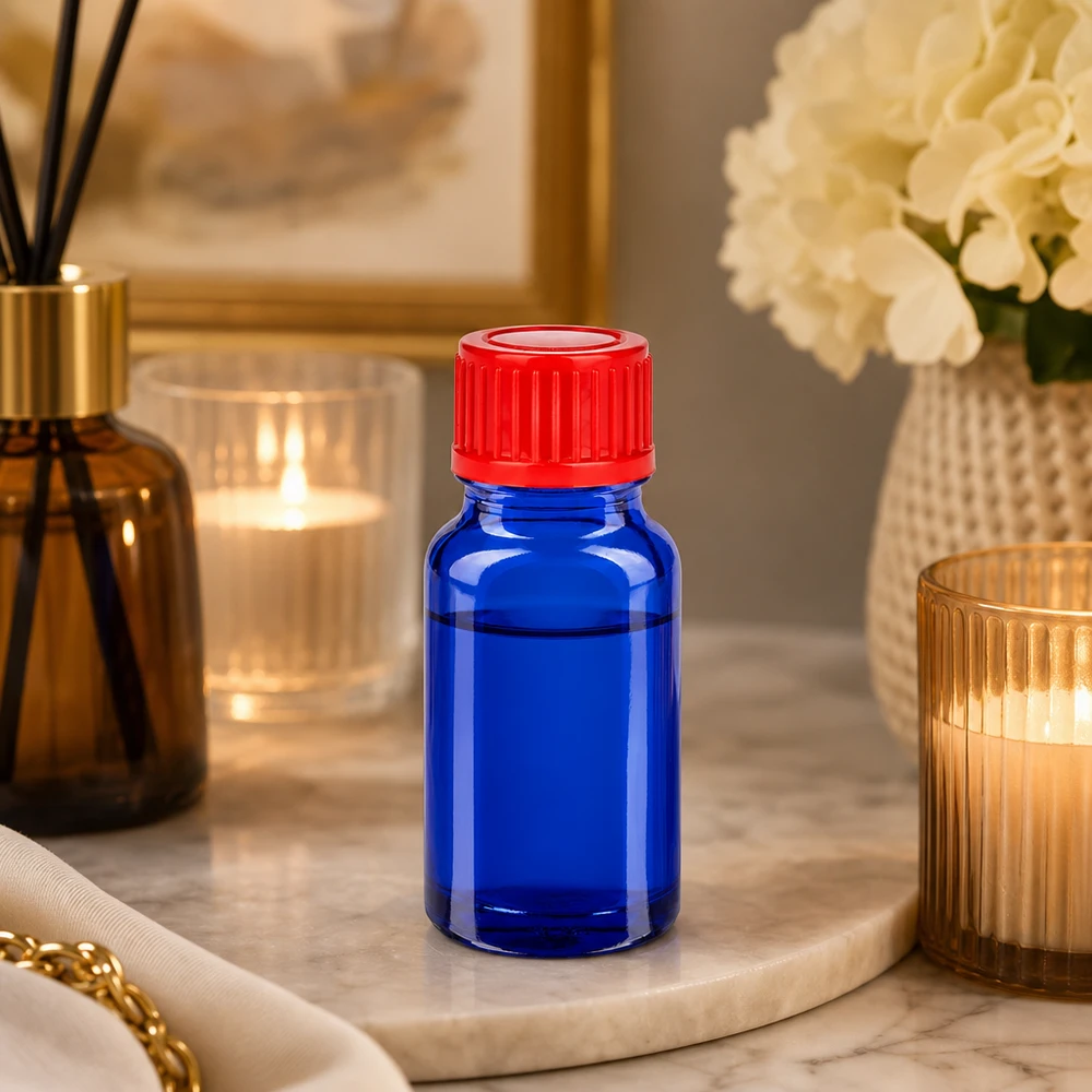 Flacon de 10ml 11mm SV rouge STD BlueLine UT18/10 Bouteille de pharmacie de 10 ml en verre bleu résistant aux UV avec bouchon rouge de sécurité pour les enfants