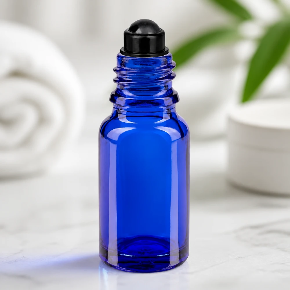 Flacon de pharmacie bleu cobalt de 10 ml avec bille roulante pour huiles essentielles et parfums