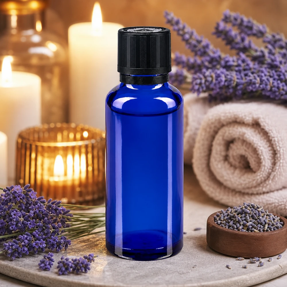flacon à pharmacie bleu 30ml bouchon inviolable 1mm noir séc. enf. ada.a.ave. bouchon inviolabilité Flacon de pharmacie de 30 ml en verre bleu, muni d'un bouchon de sécurité noir et d'un goulot de 1 mm