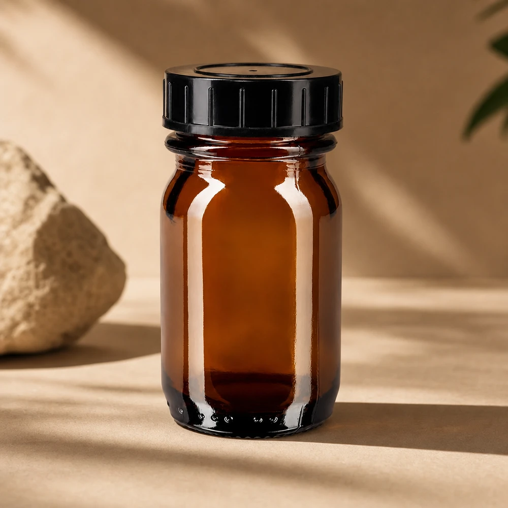 Petit flacon en verre brun de 30 ml à large ouverture pour un remplissage et un vidage faciles.