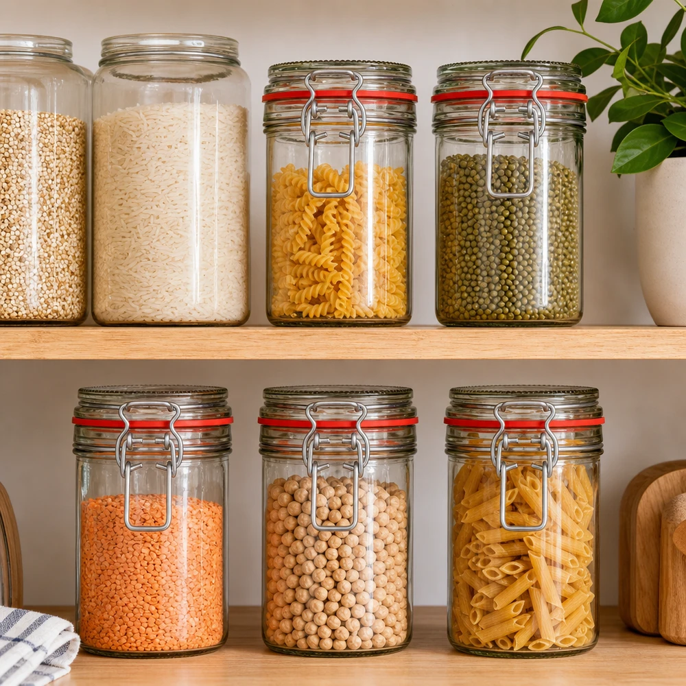 Bocal de conservation de 272 ml, type G, avec bouchon à clip UN.. Bocaux à provisions avec fermeture à étrier remplis de pâtes riz lentilles pois chiches rangement organisé de cuisine Pantry
