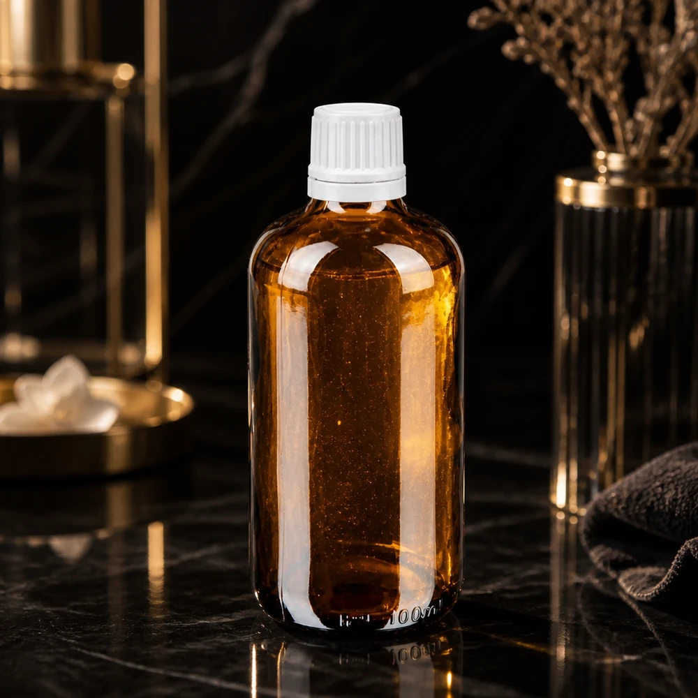 Flacon de pharmacie de 100 ml, couleur ambre, avec bouchon de sécurité blanc et compte-gouttes de précision de 0,7 mm