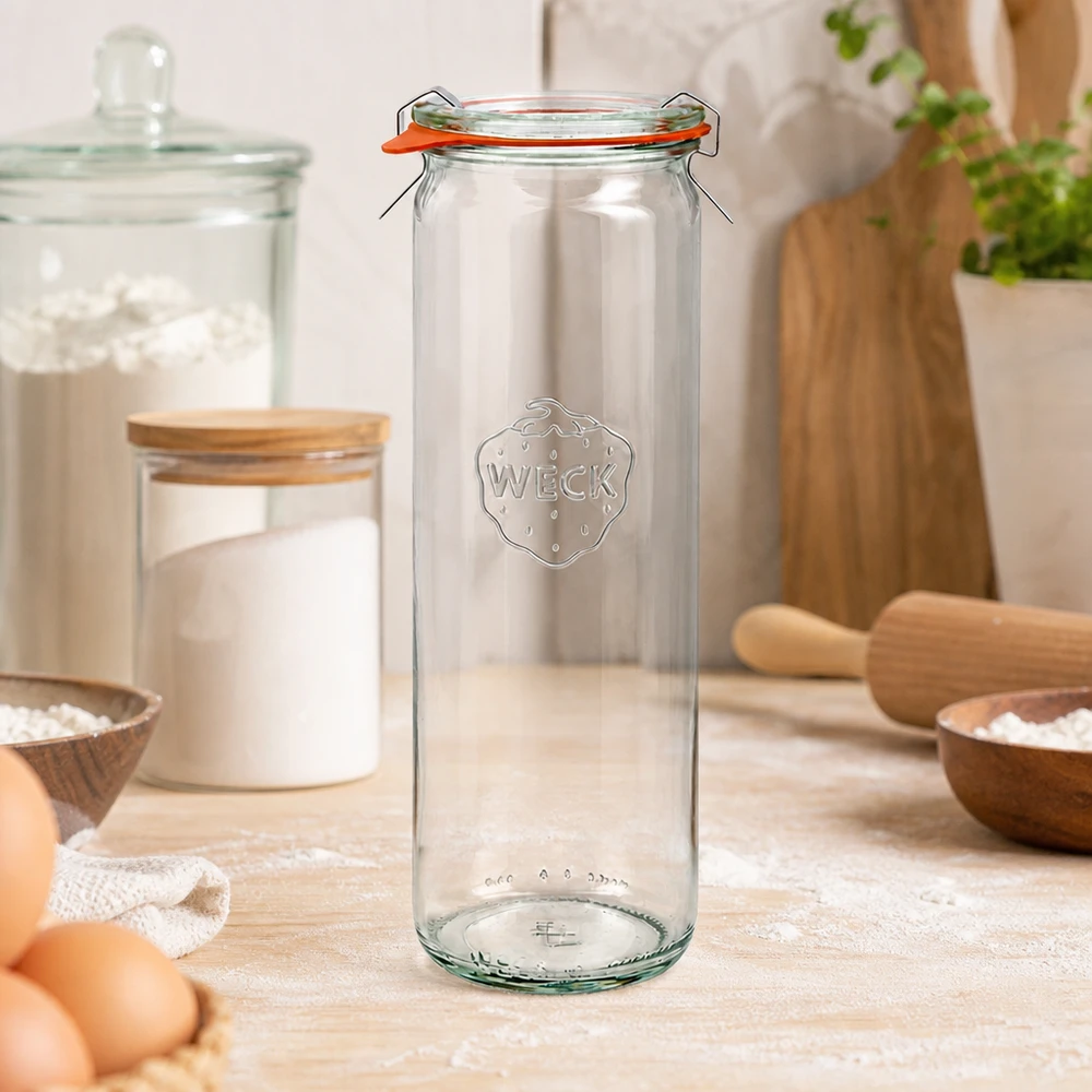 WECK Pot cylindrique 600ml RR60 vide dans un environnement de cuisine naturel avec des ingrédients de boulangerie farine œufs et ustensiles en bois