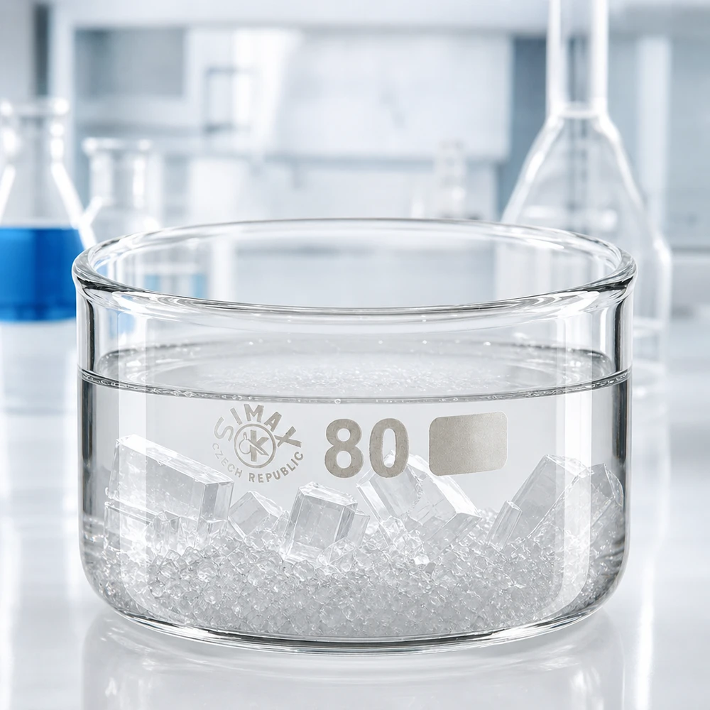 Coupelle de cristallisation en verre borosilicaté de 80 mm, remplie de cristaux de glace, destinée aux expériences chimiques