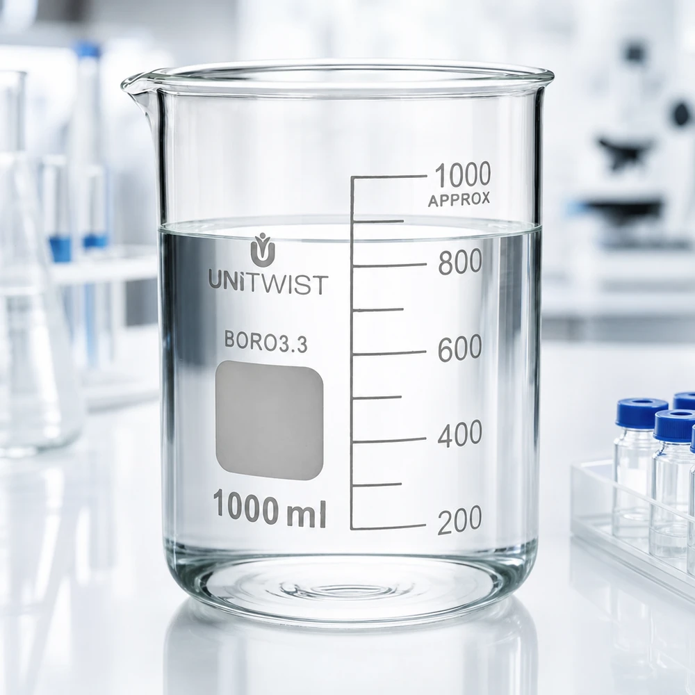 Bécher 1000ml borosilicate, forme basse UNiTWIST Bécher vide de 1 000 ml en borosilicate, de forme basse, à paroi d'épaisseur uniforme et à fond plat