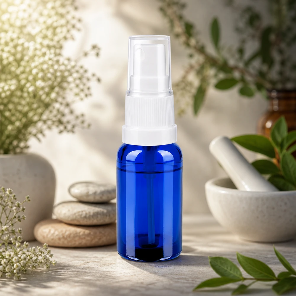 Vaporisateur 20ml blanc/tr. STD BlueLine UT18/20 Spray de 20 ml d'un bleu intense avec bouchon blanc anti-fuite pour le voyage et la vie quotidienne