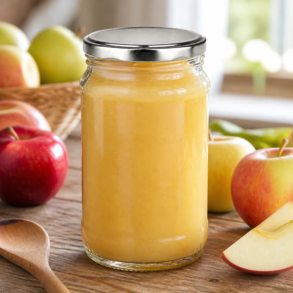 Bocal rond en verre transparent de 370 ml avec couvercle à vis argenté BasicSeal, idéal pour la conservation de la compote de pommes