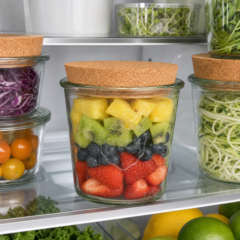 290ml bocal conique haut WECK RR80 avec bouchon nature WECK Pot renversé 290ml RR80 avec couvercle en liège pour la conservation de fruits frais au réfrigérateur Meal Prep