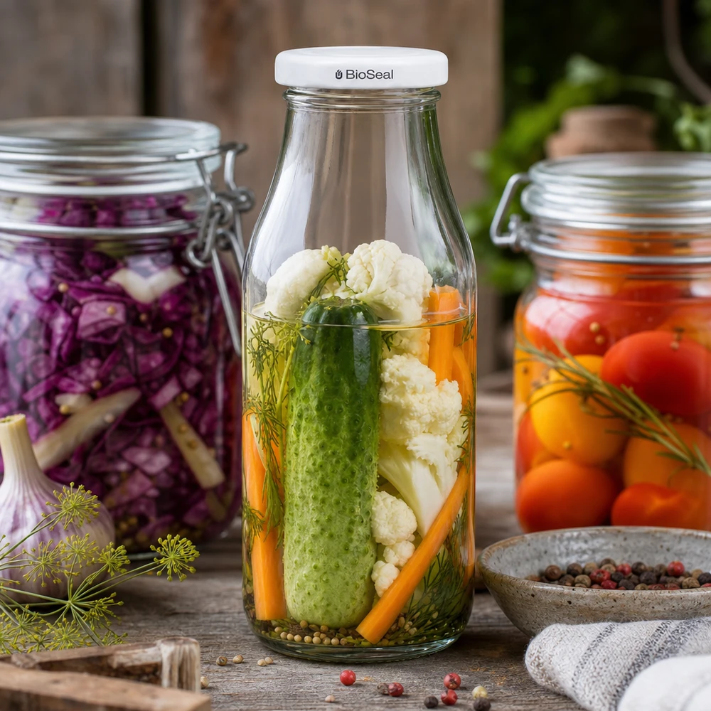 263ml Bouteille avec couvercle BioSeal blanc UNiTWIST UNiTWIST Bottle263 avec couvercle blanc TO43 BioSeal rempli de légumes marinés à côté de bocaux sur une table en bois